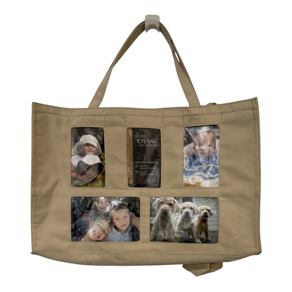 Personalized Photo Tote Bag Beige w/ 5 Picture Windows + Coin Purse
